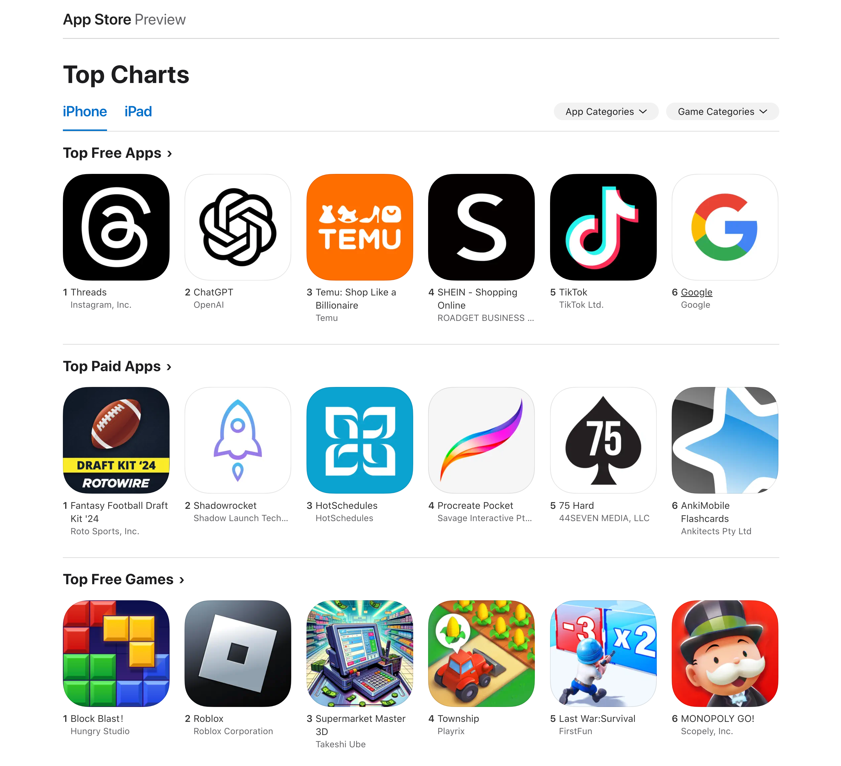 Apple App Store Top Charts API